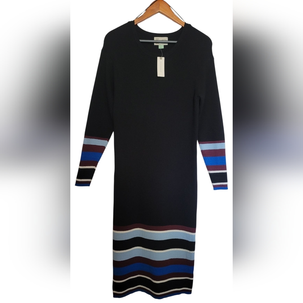 Anthropologie Saturday Sunday Parvati Stripes Black Midi Sweater Dress NWT